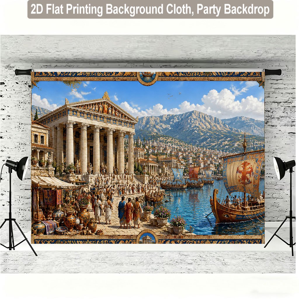 Busy Ancient Greek Market Scene Background Cloth Banner